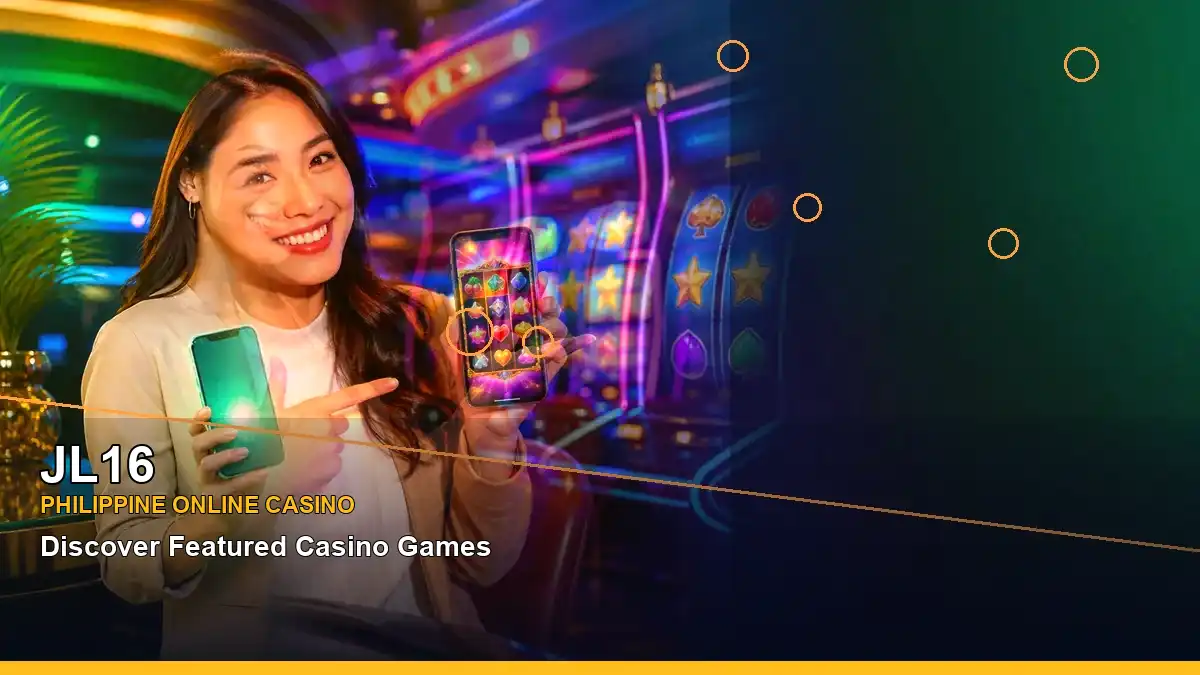 JL16 online Slots scene with an adult Philippine woman hosting a mobile casino experience, framed in a left-side close-up