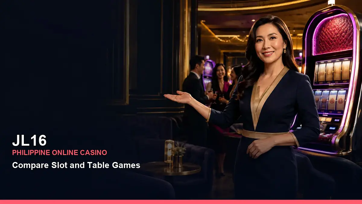JL16 VIP offers presented with an adult Filipina casino host in a celebratory casino setting; current rewards and eligibility remain subject to the latest terms.